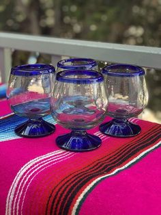 Dos Sueños Mexican Hand Blown Glass – Set of 4 Hand Blown Cognac Snifter Glasses - Cobalt Blue Rim Tequila Glasses, Mexican Glassware, Style Glasses, Mason Jar Wine Glass, Mexican Style, Recycled Glass, Glass Set, Hand Blown Glass, Blown Glass