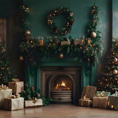 a fireplace with presents and christmas trees around it