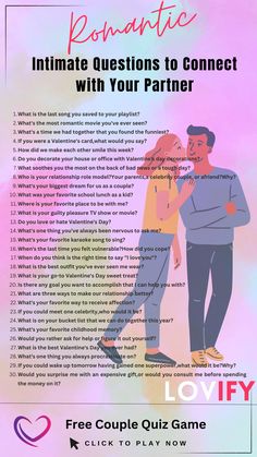 a man and woman standing next to each other with the text romantic questions to connect with your partner