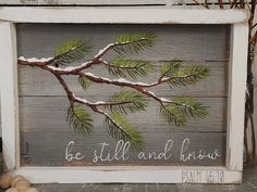 a wooden sign that says be still and know with pine branches in the snow on it