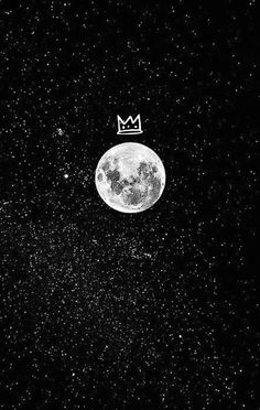 the moon with a crown on it is shown in black and white, as well as stars