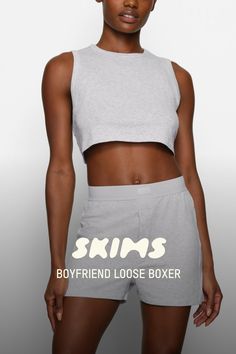 A relaxed version of our signature boxer silhouette, now with an ultra-comfortable loose fit for top-tier lounging, sleep, and beyond. Features an elastic waistband with a front center SKIMS logo and button. Fits true to size. | SKIMS Loose Boxer | Grey | 2XS | Boyfriend Boxer Silhouette, Boyfriend T Shirt, Personal Marketing, Top Tier, Crop Tank, Heather Grey, Lounge Wear, Loose Fitting, High Rise