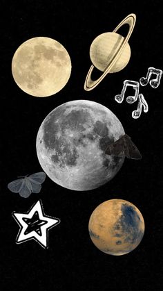 an image of planets with music notes and butterflies flying around them on a black background