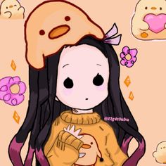 a drawing of a girl with long black hair holding a small bird in her hands