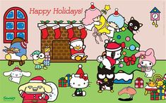 hello kitty christmas card with cartoon characters around the tree and presents on the floor in front of it