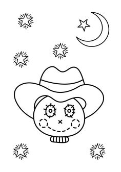 a black and white drawing of a monkey wearing a hat with stars in the background