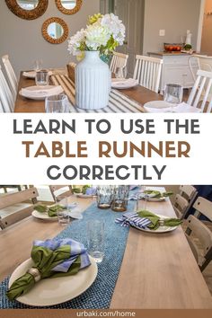 a table with plates and napkins on it that says learn to use the table runner correctly