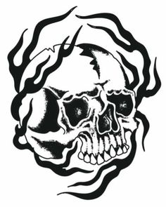 a black and white drawing of a skull with flames on it's head, in the shape of a circle