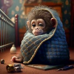 a monkey wrapped in a blanket next to a crib