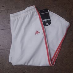 Women Adidas Capri White With Coral Stripes New Never Worn From A Smoke Free Environment Adidas White Summer Bottoms, White Adidas Bottoms For Summer, Casual White Adidas Bottoms, White Short Sports Pants, White Stretch Cotton Capris, Casual White Capri Pants, White Adidas Cotton Pants, White Adidas Athleisure Pants, Adidas White Athleisure Pants