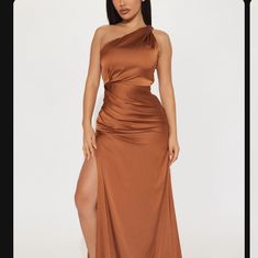 Fn Brown Long Satin Dress Size Xsmall Never Worn Tried On Too Long For Me Copper Brown Dress, Bronze Brown Bridesmaid Dresses, Brown One-shoulder Maxi Dress For Party, Brown One-shoulder Spring Dresses, Elegant One Shoulder Brown Maxi Dress, Elegant Brown One-shoulder Mini Dress, Brown Satin Sleeveless Maxi Dress, Chic Brown One Shoulder Maxi Dress, Brown Satin Maxi Length Dress