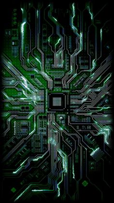 a computer circuit board with green and white lights in the middle, as well as an image