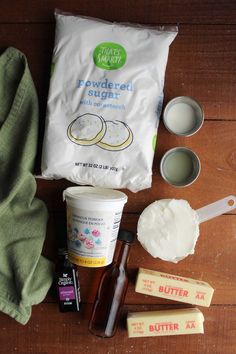 ingredients to make an ice cream sandwich laid out on a wooden table