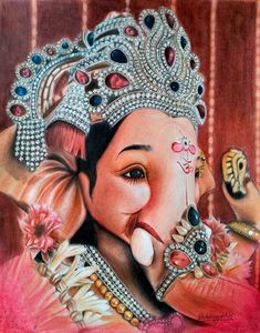 a painting of an elephant wearing a tiara and holding a flower in it's mouth