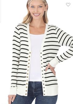 Snap Button Sweater Total Body Length Striped Stretchy Super Comfy Stripe Cardigan, Cardigan Outfit, Tea Shirt, Cardigan Sweaters, Button Sweater, Button Cardigan, Cotton Cardigan, Striped Cardigan, Total Body