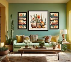 a living room filled with green furniture and potted plants on top of a coffee table