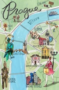 a watercolor map of prague with people walking around it