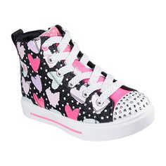 Polka dot hearts lace up high top sneaker.Features: Light-UpClosure Type: Lace-UpUpper/Outer Base Material: 55% Synthetic, 45% TextileShoe Lining Material: PolyesterSole Material Content: 100% EvaCountry of Origin: Imported Girls Shoes Sneakers, High Top Sneaker, Girls Sneakers, Sneaker Shopping, Heart Print, Twinkle Twinkle, Sneakers Black, Girls Shoes