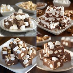 there are many pieces of chocolate and marshmallows on the plates