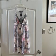 Black Lace, White Pink And Gray Pink Floral Print Nightgown For Loungewear, Beach Nightgown With Spaghetti Straps, Feminine Floral Print Sleepwear For Vacation, Feminine Beach Nightgown With Spaghetti Straps, Feminine Spaghetti Strap Nightgown For Beach, Spring Nightgown With Built-in Bra, Spring Vacation Sleepwear With Built-in Bra, Pink Camisole Nightgown For Spring, Pink Sleeveless Nightgown For Vacation