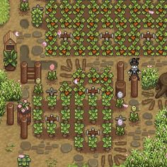 an overhead view of a vegetable garden with various plants and animals in the center area