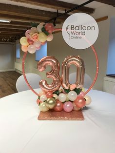 the number three balloon decoration is displayed on top of a round table with white and pink balloons