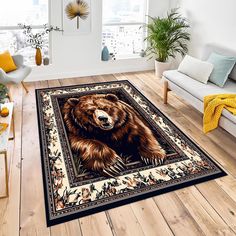 a living room with a large rug on the floor and a bear painting on it