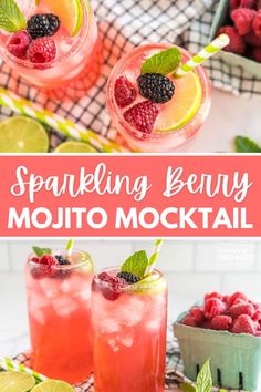 sparkling berry mojito cocktail with limes and raspberries