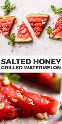 grilled honey watermelon slices with basil and pine nuts