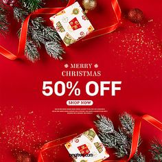 merry christmas sale with presents on red background