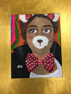 a painting of a person with a dog's head in a bow tie and polka dots