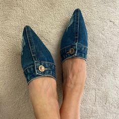 Brand New, Super Comfy, Soft Denim Fabric With Distressed Details. Never Worn. Denim Slides, Denim Flats, Denim Shoes, Trendy Shoes, Denim Fabric, Flat Shoes, Flat Shoes Women, Loafer Flats, Shoes Flats