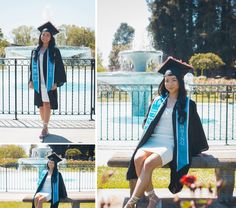 a woman in graduation gown sitting on a bench near a fountain and wearing a blue sash