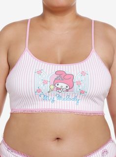 Keep it supercute in this bralette featuring a My Melody pink stripe design with pink lace trim.88% polyester; 12% spandexWash cold; dry lowImportedModel wears size 1 Pink Bra Friendly Crop Top For Loungewear, Pink Bra-friendly Crop Top For Loungewear, Fitted Pink Bra For Loungewear, Pink Sports Bra For Spring Loungewear, Pink Sports Bra For Loungewear In Spring, Spring Pink Sports Bra, Spring Seamless Pink Sports Bra, Girls Loungewear, Plus Size Hot