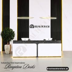 an elegant reception area with black and white walls