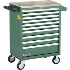 a green tool cabinet with drawers and wheels on the front is shown in this image