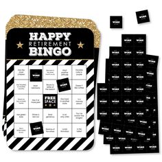 a happy retirement bingo game with black and gold glitters