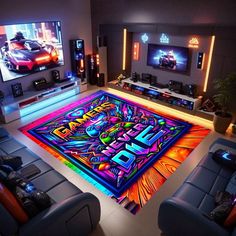 a living room filled with furniture and colorful rug