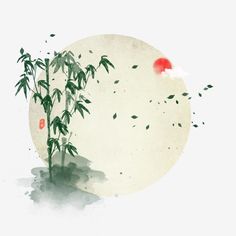 an illustration of a bamboo tree in front of a round object with leaves on it