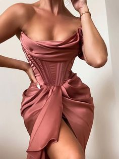 Blush Satin Dress – HelloJene Slim Bodycon Dress, Corset Midi Dress, House Of Cb Dresses, Draped Midi Dresses, Summer Bodycon Dress, Pink Corset, Corset Bustier, Ruched Bodycon Dress