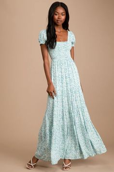 Ivory Floral Print Dress - Tiered Maxi Dress - Smocked Maxi Dress - Lulus Shower Dresses, Church Outfits, Long Summer Dresses, Cute Summer Dresses, Tiered Maxi Dress, Dresses For Teens, Smock Dress, Look At You, Modest Dresses