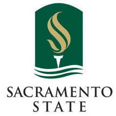 the sacramento state logo is shown in green and gold, with an image of a fountain