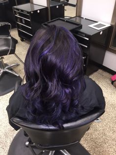 Purple And Blue Highlights Black Hair, Black Hair W Purple Highlights, Black Purple Highlights, Blue Toned Purple Hair, Purple To Black Hair, Black Blue Purple Hair, Dark Purple Chunky Highlights, Black Blue And Purple Hair, Blue Purple Black Hair