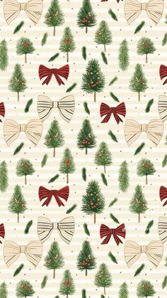 a christmas pattern with bows and trees on white background, which is also available for wallpaper