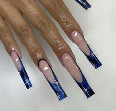 Black And Blue Nail Ideas, Black And Blue Nails, Blue Nail Ideas, Blue Glitter Nails, Exotic Nails, Long Acrylic Nails Coffin, Nails Only, Long Square Acrylic Nails, Unique Acrylic Nails