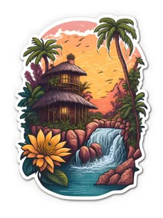 a sticker with an image of a tropical house and waterfall in the foreground