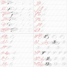 four different types of calligraphy in cursive writing, each with an upper and lower