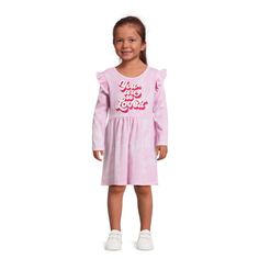 Your Little Girl Will Steal Everyone's Heart In This Absolutely Adorable Valentine's Day Knit Dress. This Long Sleeve Knit Dress Is Accented With Ruffles On The Sleeve And Valentine's Day Prints And Graphics To Add Even More Flair. Playful Long Sleeve Dresses For Sleepover, Pink Long Sleeve Dress For Playdate, Long Sleeve Pink Dress For Playdate, Jean Overall Dress, Long Dress Patterns, Lurex Dress, Girls Tulle Dress, Long Sleeve Ruffle Dress, Vibrant Dress