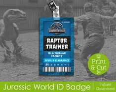 an id badge with the name raptor handler on it and two men in front of