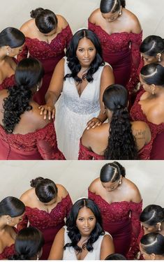 two pictures of the same woman with different hair styles, one is wearing a red dress